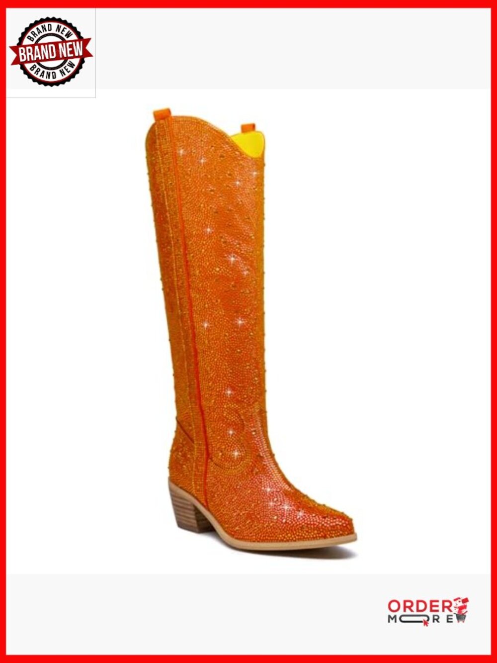 Women's Rhinestone Western Boots Pointed Toe Chunky Heel Knee High Side Zipper - Picture 3 of 6